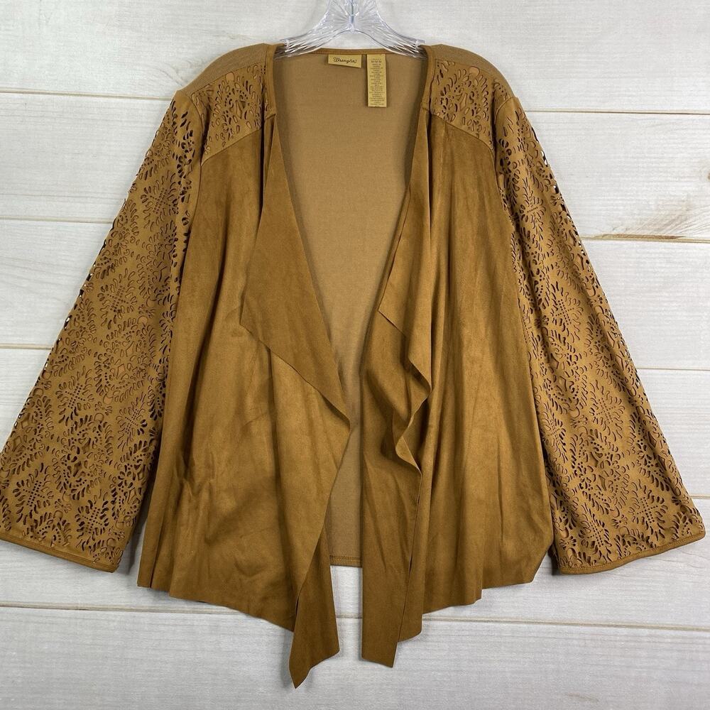 Wrangler Cardigan Womens M Brown Faux Suede Open Front Cut Out Stretch Cowgirl